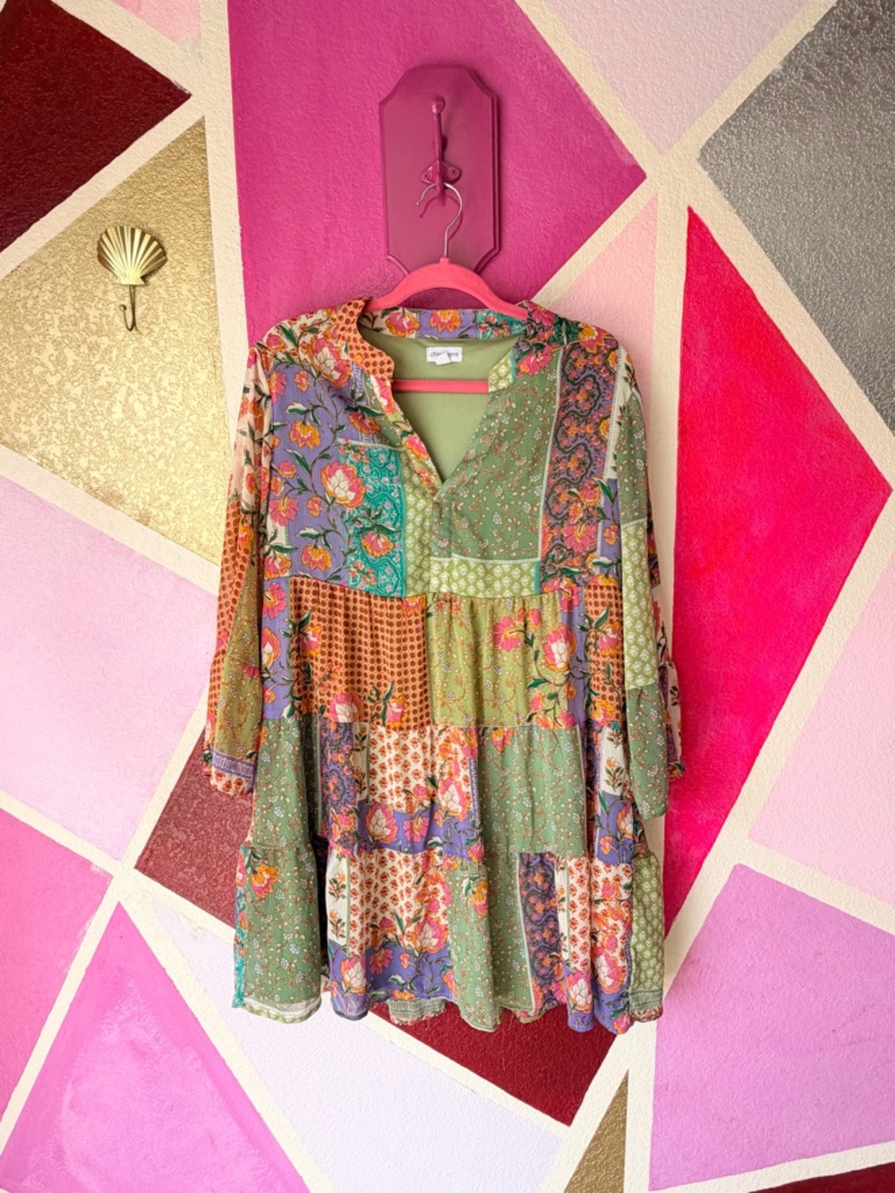 Chloe+Rene Maxi Patchwork Floral Mini Dress in Green Multi